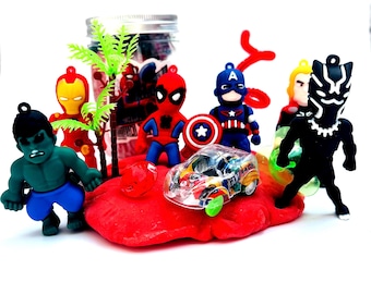 Super Hero Maxi Barattolo di pasta modellabile da 10 oz – 160 g – Kit sensoriale di supereroi con personaggio giocattolo, auto, gemma / Pasta modellabile colorata fatta in casa, regalo per bambini