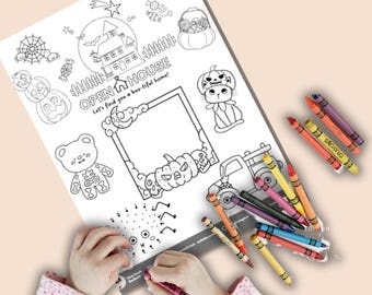 Kleurplaat Halloween opendeurdag: activiteit onroerend goed kind (bewerkbare canva-sjabloon)