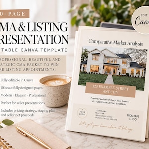May include: A 10-page CMA and listing presentation template for Canva. The document features a cover page with a photo of a two-story house, the text Comparative Market Analysis, 123 Example Street, and placeholders for contact details.