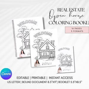 Modèle de livre d'activités à colorier pour l'immobilier pour enfant Page d'activités pour enfants portes ouvertes modifiable pour agent montrant un cadeau portes ouvertes pour enfant