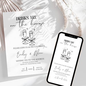 Modelo digital de convite para festa de inauguração de casa para proprietários de imóveis Convite moderno para inauguração de casa Bebidas por conta da casa Anúncio de mudança Evite