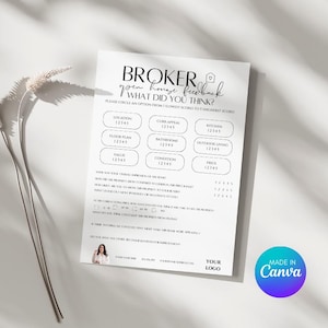 Op de afbeelding: Een wit feedbackformulier voor open dagen met de tekst "BROKER open house feedback WHAT DID YOU THINK?" en beoordelingsopties. Het formulier bevat een ruimte voor een logo en is geaccentueerd met een takje gedroogde bloemen.