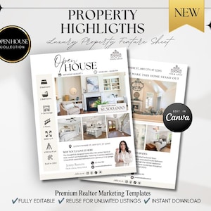 May include: A digital property feature sheet template for real estate marketing. The document includes sections for property highlights, photos of home interiors, a price of $1,500,000, contact information for a realtor, and icons for home features.
