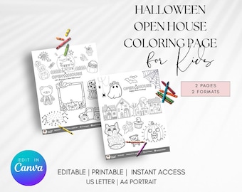 Kleurplaat opendeurdag onroerend goed: kinderactiviteit (bewerkbare canvassjabloon) Halloweenmarketing