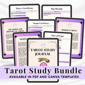 Pacote de estudo de tarô para leitores e treinadores de tarô. Páginas de diário de estudo e cartões de colorir de tarô Rider Waite. Modelos em PDF e Canva.