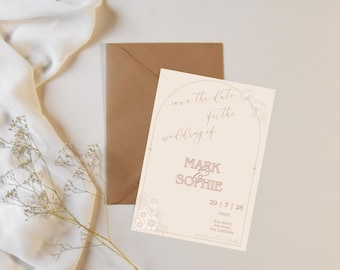 Invitación de boda moderna y neutra con fecha de reserva, descarga digital editable para celebrar y anunciar la boda.