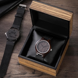 Personalized Men’s Wooden Watch with Box, Engraved Wood Watch, Groomsmen Watch, Gift for Father, Anniversary Gift, Birthday Gift for Him