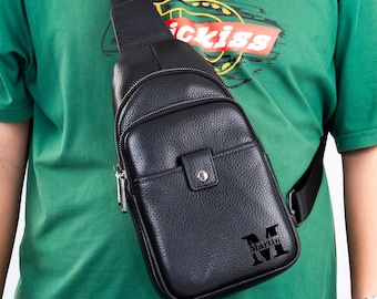 Personalized Leather Crossbody Bag: Vintage Sling Chest Bag for Men