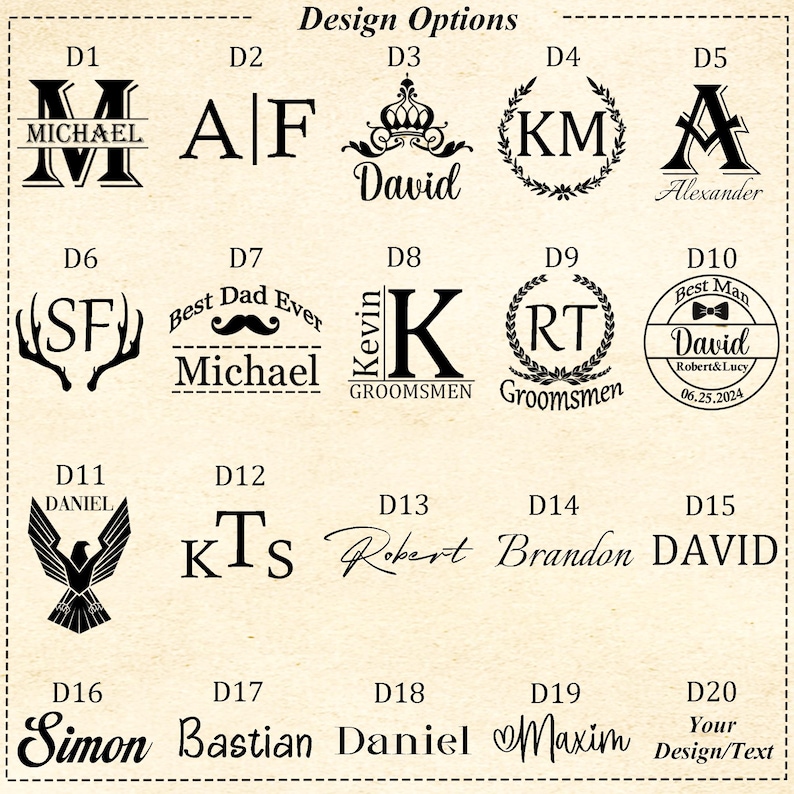 Op de afbeelding: Een verzameling ontwerpopties voor gepersonaliseerde items, met verschillende lettertypen, initialen en namen. Ontwerpen omvatten een kroon, een lauwerkrans en gestileerde tekst zoals "Best Dad Ever" en "Groomsmen". De tekst "Design Options" staat bovenaan.