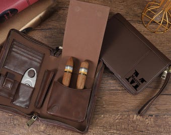 Handmade Leather Cigar Case Holder- Personalized Gift for Men,Holds 5 Cigars,Cutter, Lighter,4 Cards & Pen-Father&#39;s Day Gifts