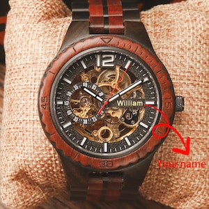 Gegraveerd mechanisch horloge, gepersonaliseerd houten automatisch polshorloge, verjaardagscadeau voor hem afbeelding 2