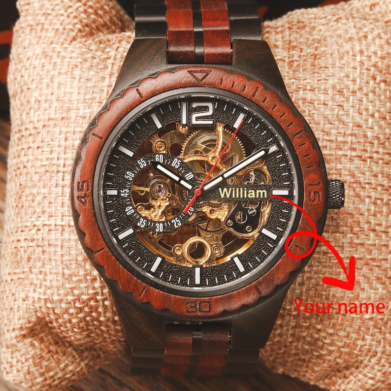 Gegraveerd mechanisch horloge, gepersonaliseerd houten automatisch polshorloge, verjaardagscadeau voor hem afbeelding 2