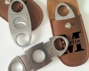 Personalized Cigar Cutter& Leather Case - Engraved Stainless Steel Cutter - Unique Groomsmen Gifts for Wedding
