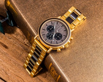 Engraved Gold Watch, Custom Men's Wooden Watch, Personalized Anniversary Gift