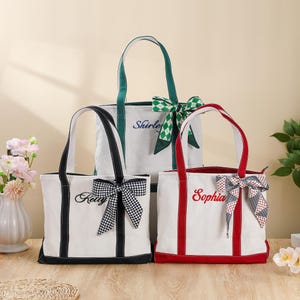 Personalized Tote Bag with Ribbon,Embroidered Canvas Tote Bag,Custom Text Tote Bag,Bridesmaid Gift,Beach Party Bag,Bachelorette Party Gift