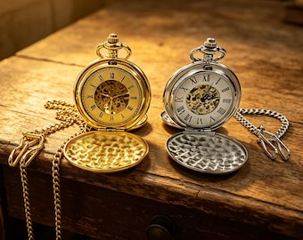 Engraved Skeleton Pocket Watch | Personalized Mechanical Timepiece, Silver/Gold Tone