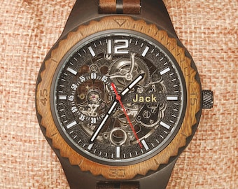 Engraved Mechanical Watch, Personalized Wooden Automatic Wrist Watch, Birthday Gift for Him