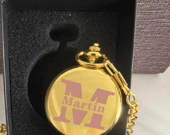 Personalized Pocket Watch with Chain, Engraved Keepsake Gift Box