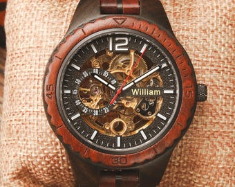 Personalized Wooden Mechanical Watch,Engraved Automatic Wrist Watch,Anniversary Gift for Him