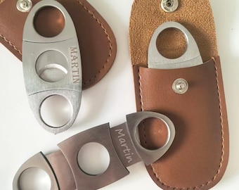 Engraved Stainless Steel Cigar Cutter – Personalized Leather Sheath, Groomsmen Gift