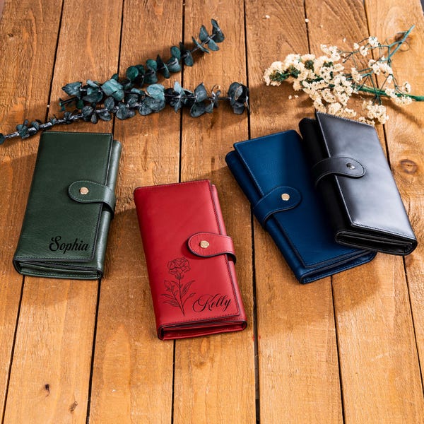 Portafoglio a tre ante in pelle personalizzato, pochette RFID incisa, regalo da donna