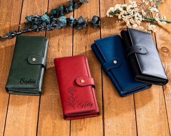 Personalized Leather RFID Wallet: Engraved Trifold Clutch for Women