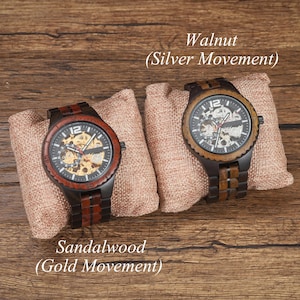 Gegraveerd mechanisch horloge, gepersonaliseerd houten automatisch polshorloge, verjaardagscadeau voor hem afbeelding 3