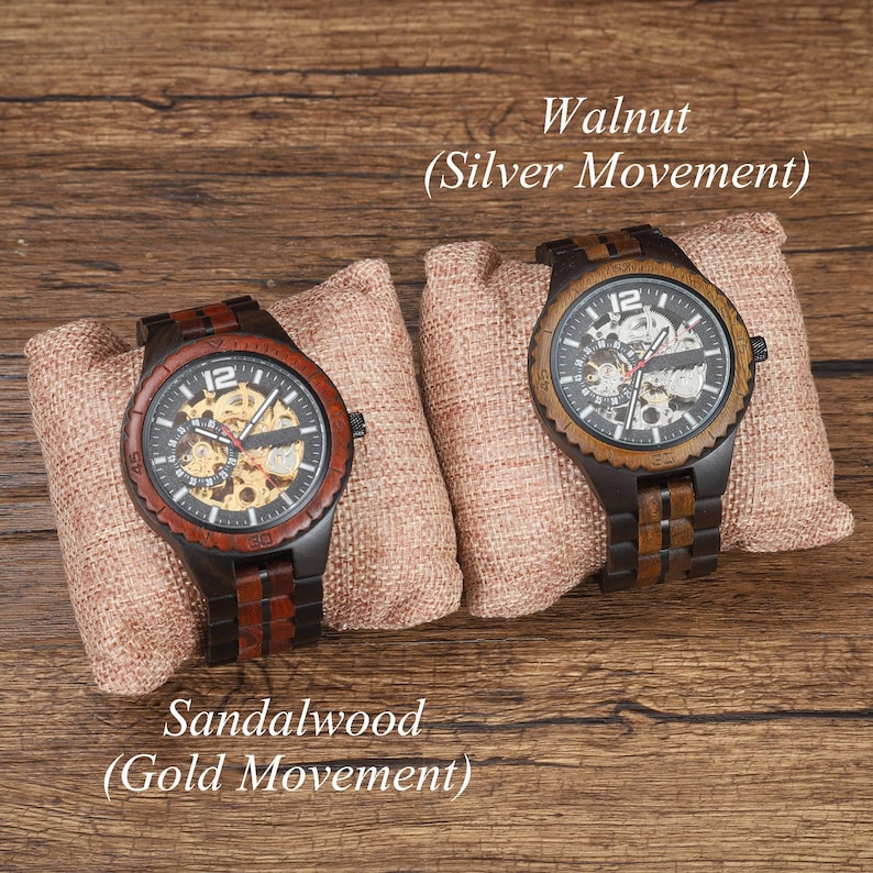 Gegraveerd mechanisch horloge, gepersonaliseerd houten automatisch polshorloge, verjaardagscadeau voor hem afbeelding 3