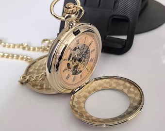 Engraved Transparent Pocket Watch, Steampunk Mechanical Watch, Father's Day Gift