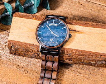 Reloj de madera de nogal personalizado, esfera azul, grabado, regalo para hombre