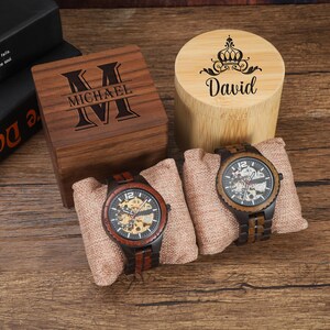Gegraveerd mechanisch horloge, gepersonaliseerd houten automatisch polshorloge, verjaardagscadeau voor hem afbeelding 7