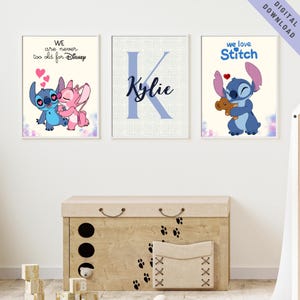 Set of 3 Stitch Wall Art, Custom Stitch Poster, Personalized Nursery Wall Art, Custom Name Stitch Decor, Girl Room Decor, Custom Name Sign
