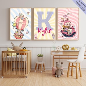 Personalized Labubu Nursery Decor: Custom Name Wall Art Prints (Set of 3) (Digital Download)