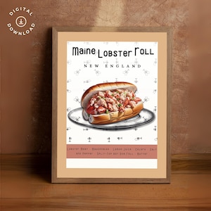 Impresión de rollo de langosta de Maine, decoración de pared náutica, impresión gastronómica, póster de alimentación saludable, regalo para amantes de los mariscos, arte de la casa de playa, descarga digital