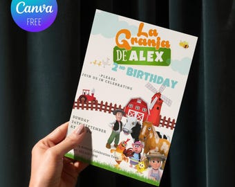 Bewerkbare Zenon-verjaardagsuitnodiging, uitnodiging Zenon-sjabloon, La Granja de Zenon-uitnodiging, boerderijverjaardagsuitnodiging, bewerkbaar in canva