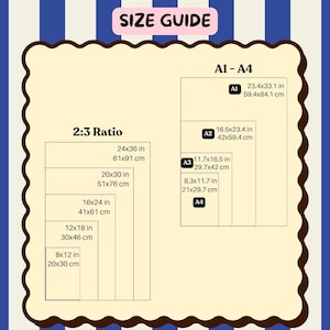 Może przedstawiać: Tabela rozmiar&oacute;w z dwiema sekcjami. Sekcja proporcji 2:3 zawiera wymiary od 20x30 cm do 61x91 cm. Sekcja A1-A4 zawiera wymiary od A4 21x29,7 cm do A1 59,4x84,1 cm. Czarny tekst na kremowym tle z ozdobną, falistą ramką wok&oacute;ł całego zestawienia.