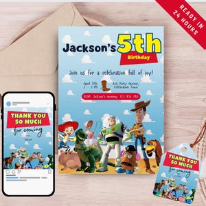 Gepersonaliseerde Toy Story-verjaardagsuitnodiging en bedankset (digitale download)