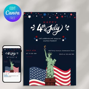 4th of July BBQ Invitation: Red, White & Blue, Editable in Canva (Digital Download)