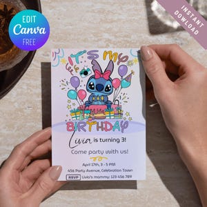 Lilo and Stitch Birthday Invitation, Editable Stitch Birthday Invite, Personalized Stitch Birthday, Editable in Canva, Instant Download