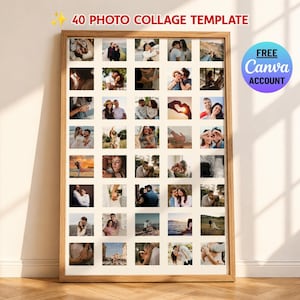 Pode incluir: Uma moldura de madeira retangular contendo um modelo de colagem de 40 fotos com bordas brancas entre cada imagem quadrada. O texto 40 PHOTO COLLAGE TEMPLATE aparece no topo e um emblema circular azul indica FREE Canva ACCOUNT.