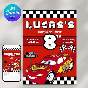 Lightning McQueen Birthday Invitation: Cars Party, Editable Canva Template (Digital Download