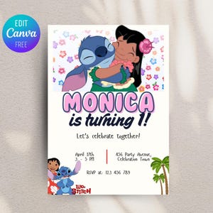 Lilo and Stitch Birthday Invitation, Stitch Birthday Invite, Kids Party Invite, Girl Birthday Invite, Editable in Canva, Instant Download