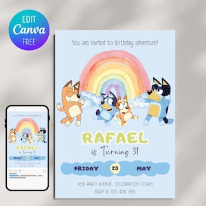 Editable Bluey Birthday Invitation, Bluey Birthday Party  Digital Invitation, Blue Dog Boys Girls, Instant Download, Editable in Canva