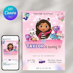Gabby&#39;s Dollhouse Birthday Invitation: Editable Canva Template (Digital Download 5x7&quot; )