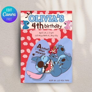 Convite de aniversário editável Stitch, modelo de convite Lilo, convite digital para festa infantil, convite Lilo e Stitch, download instantâneo