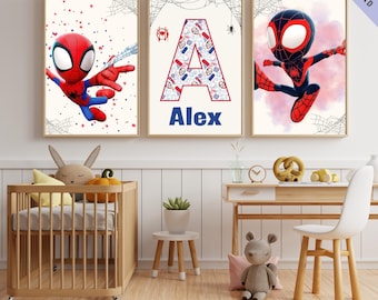 Personalized Spidey Poster, Set of 3 Spiderman Wall Art, Spidey Nursery Decor, Custom Name Spidey Poster, Boy Room Decor, Custom Name Sign