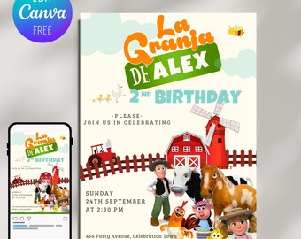 Bewerkbare Zenon-verjaardagsuitnodiging, uitnodiging Zenon-sjabloon, La Granja de Zenon-uitnodiging, boerderijverjaardagsuitnodiging, bewerkbaar in canva