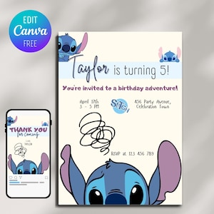 Editable Stitch Birthday Invitation, Stitch Birthday Invite, Stitch Party Invite, Lilo Party Invite, Editable in Canva, Instant Download