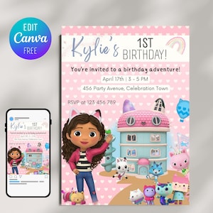 Gabby&#39;s Dollhouse Birthday Invitation: Editable Canva Template (Digital Invite)