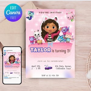 Editable Gabby&#39;s Dollhouse Birthday Invitation Template (Digital Download)